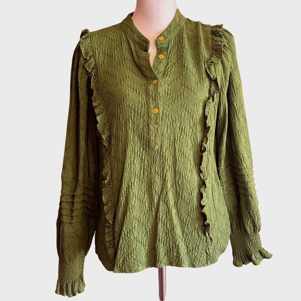 FRNCH Paris Green Gigi Blouse Cotton Linen Boho size M, romantic, cottagecore